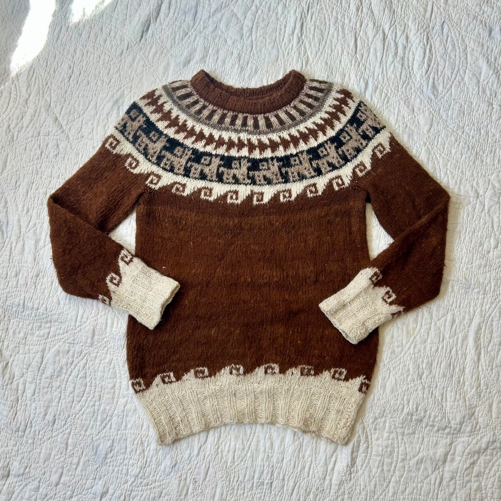 Vintage 70s Brown Wool Fair Isle Llama Alpaca Knit Crewneck Sweater Women M